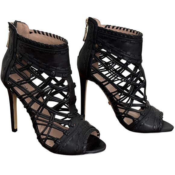 NWOB Bebe Rylea Open Toe Ultra High Black Heels Women's SZ 6 - Picture 8 of 9